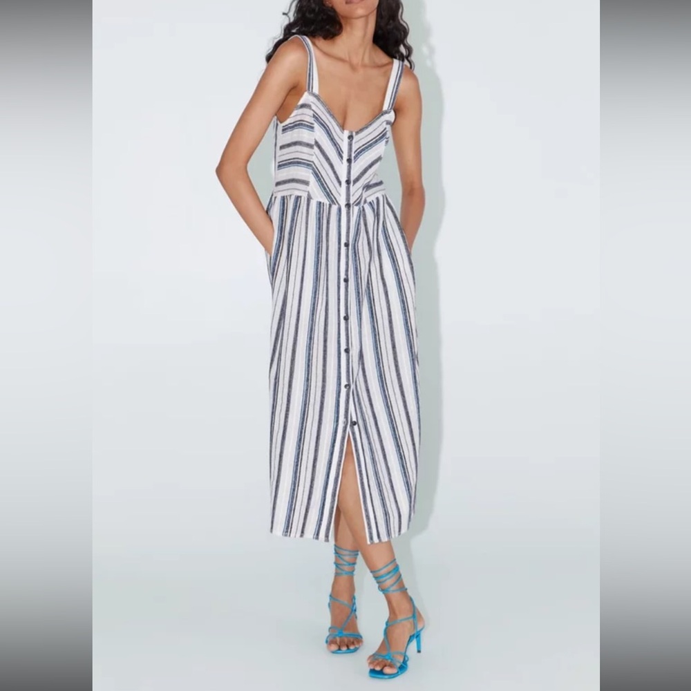 Zara White Striped Button-Front Maxi Dress